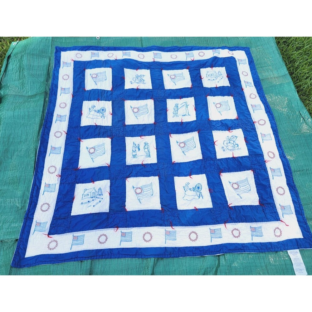 Americana Folk Art Throw Quilt 60x60 Patriotic Flags Ship Colonial Scenes Cotton